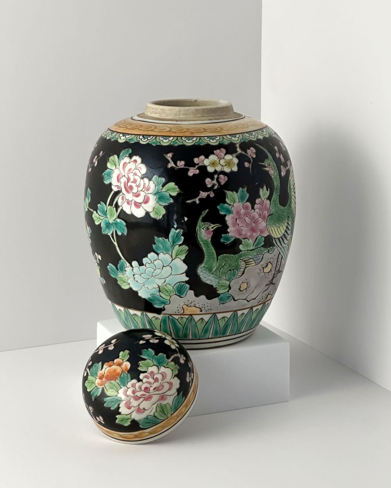 Japanese Black Polychromed Porcelain Ginger Jar By Yamatoku Meiji Era photo furniture