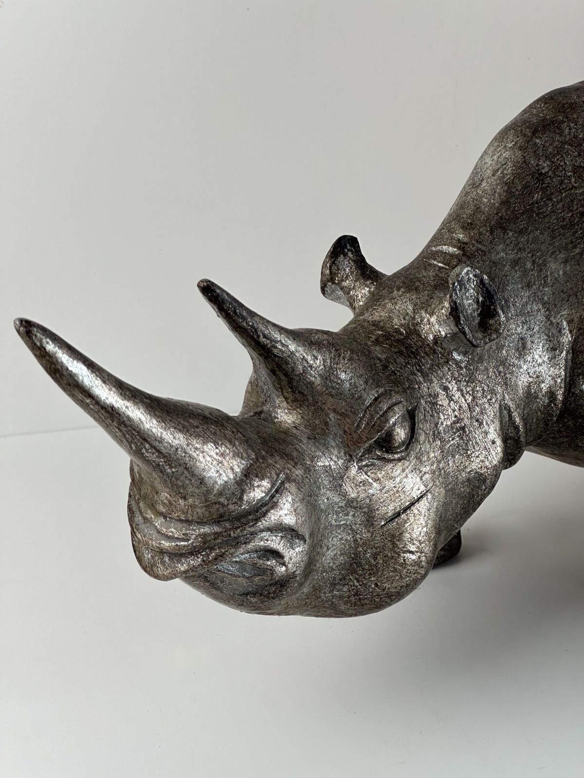 Decorative Rhino Sculpture, Platinum Toned Metallic Finish C 1980s photo furniture