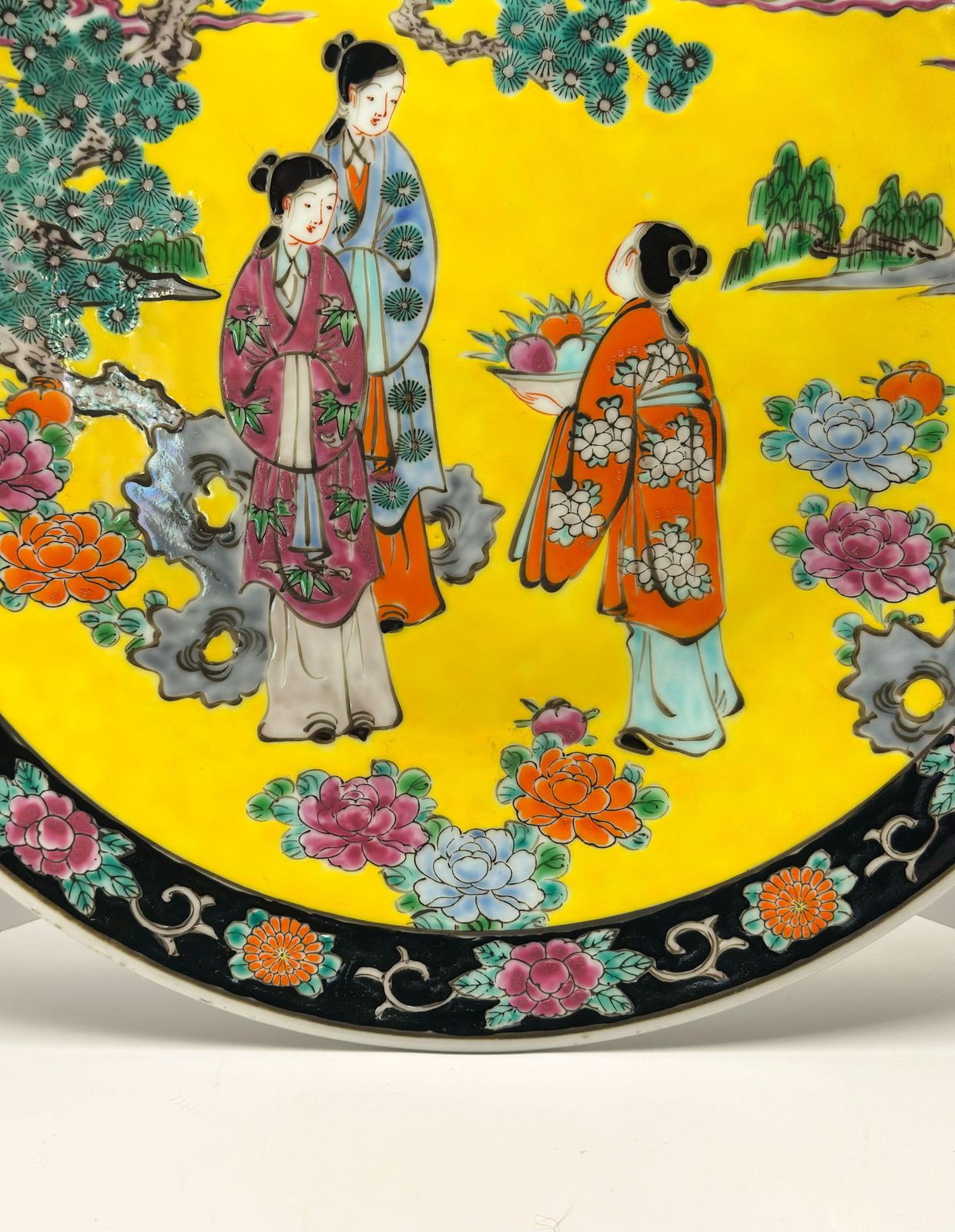 Japanese Yellow And Black Chinoiserie Style Porcelain Charger Plate 1930s photo Home Decor