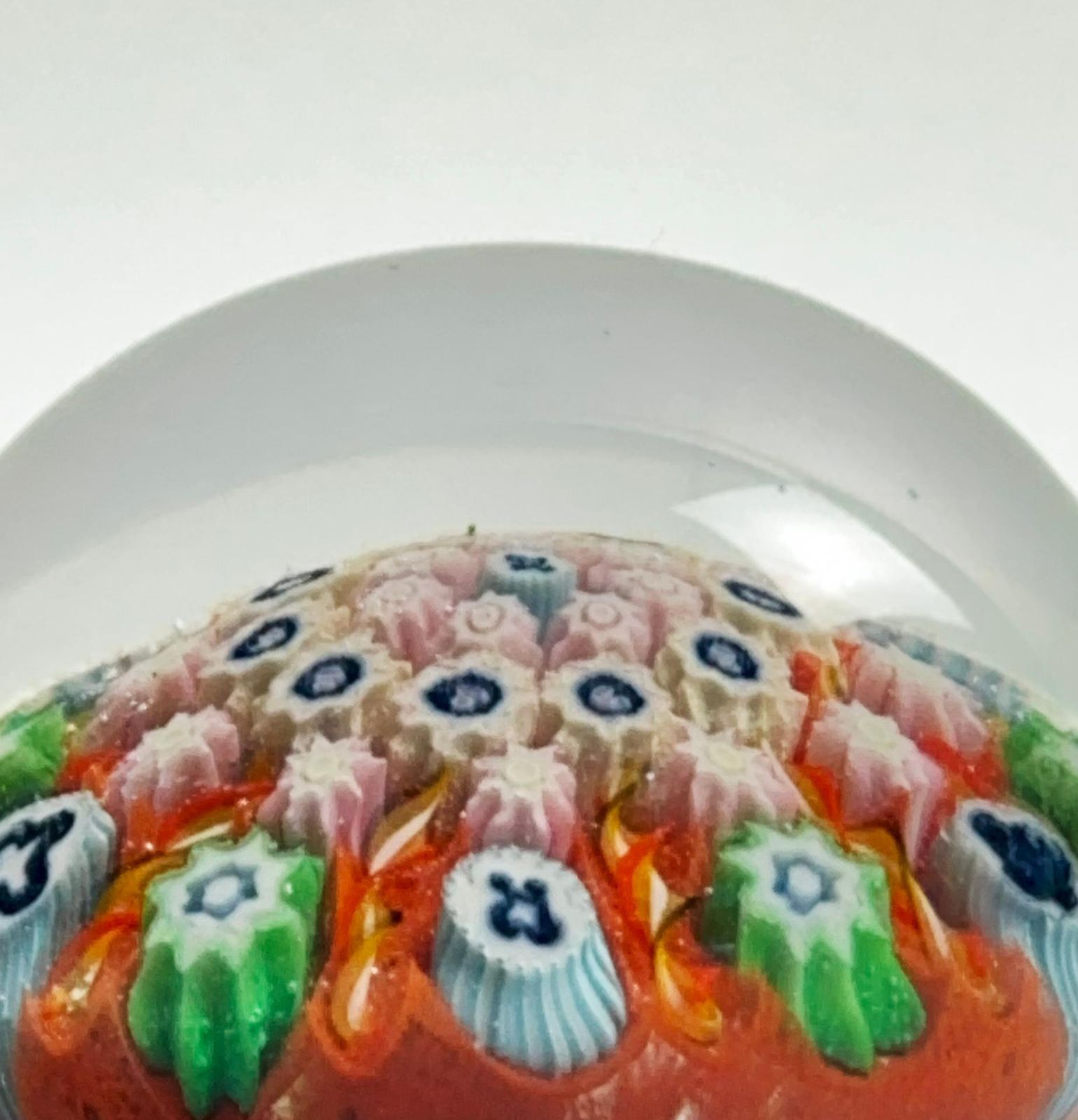 Millefiori Glass Paperweight Orange Green Blue, Vasart, Scotland C.1960s photo for sale