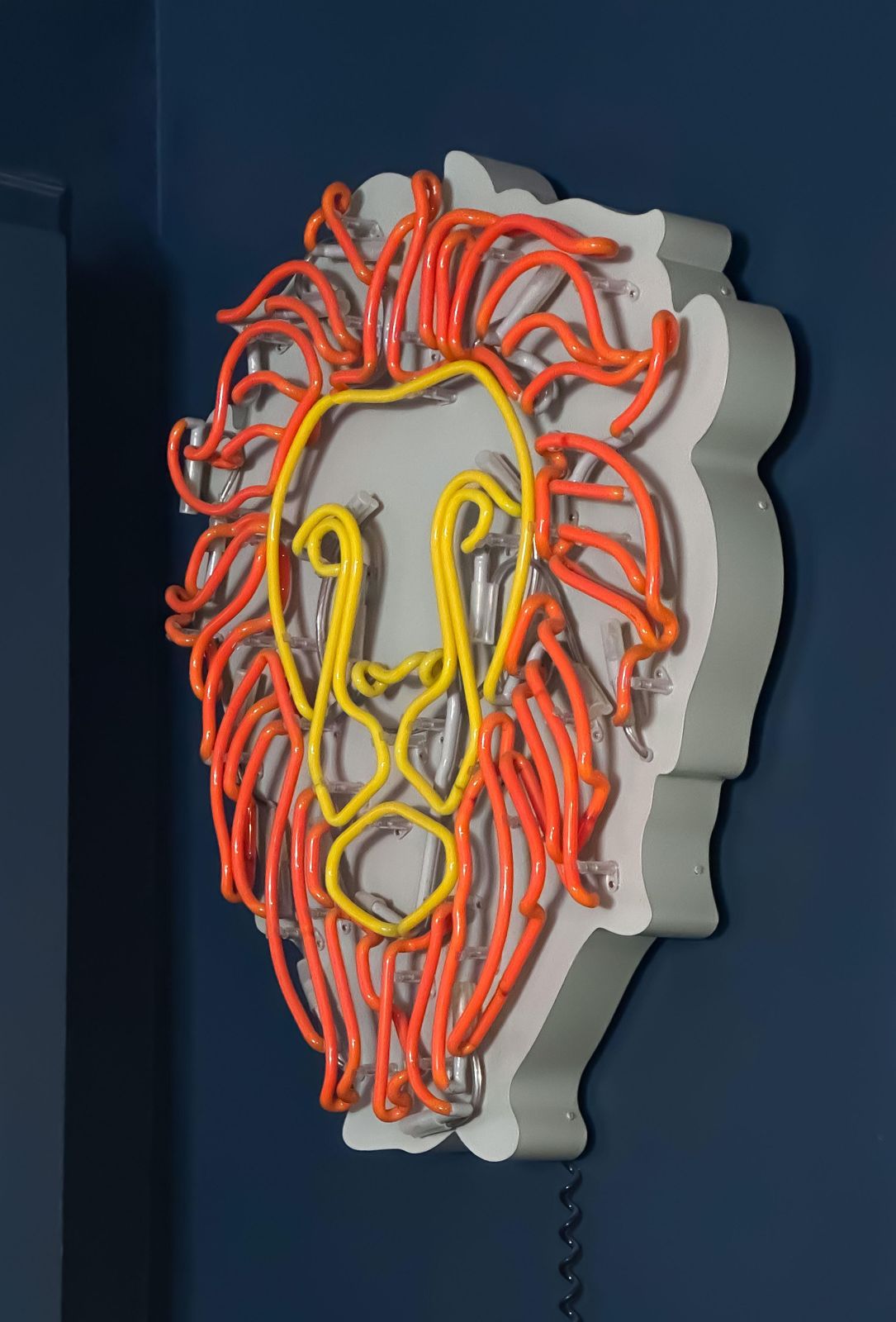 Large Neon Wall Light, Yellow And Orange Lions Face, Handmade In England, 2017 photo for sale