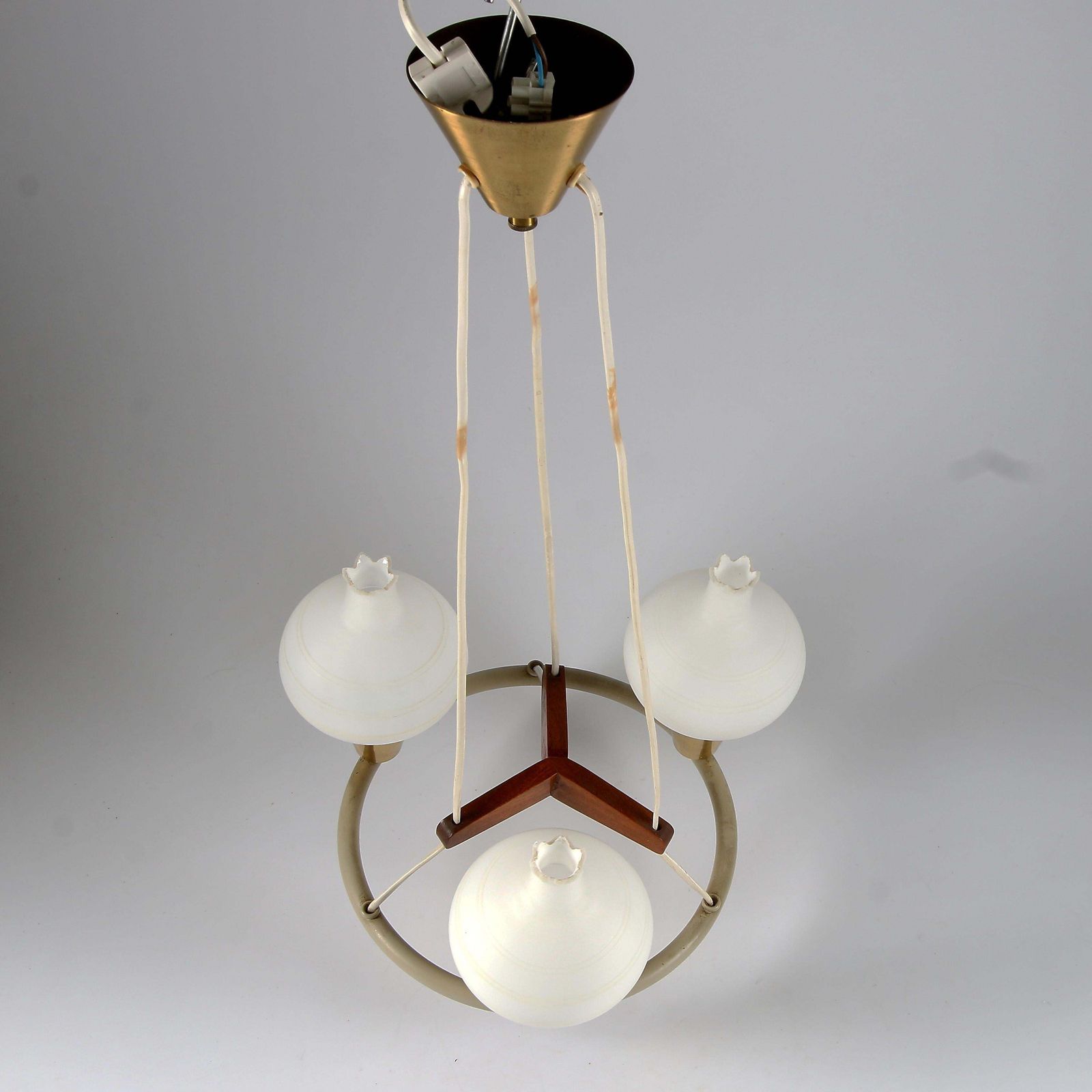 Midcentury Danish Chandelier With Opaline Glass Shades photo for sale