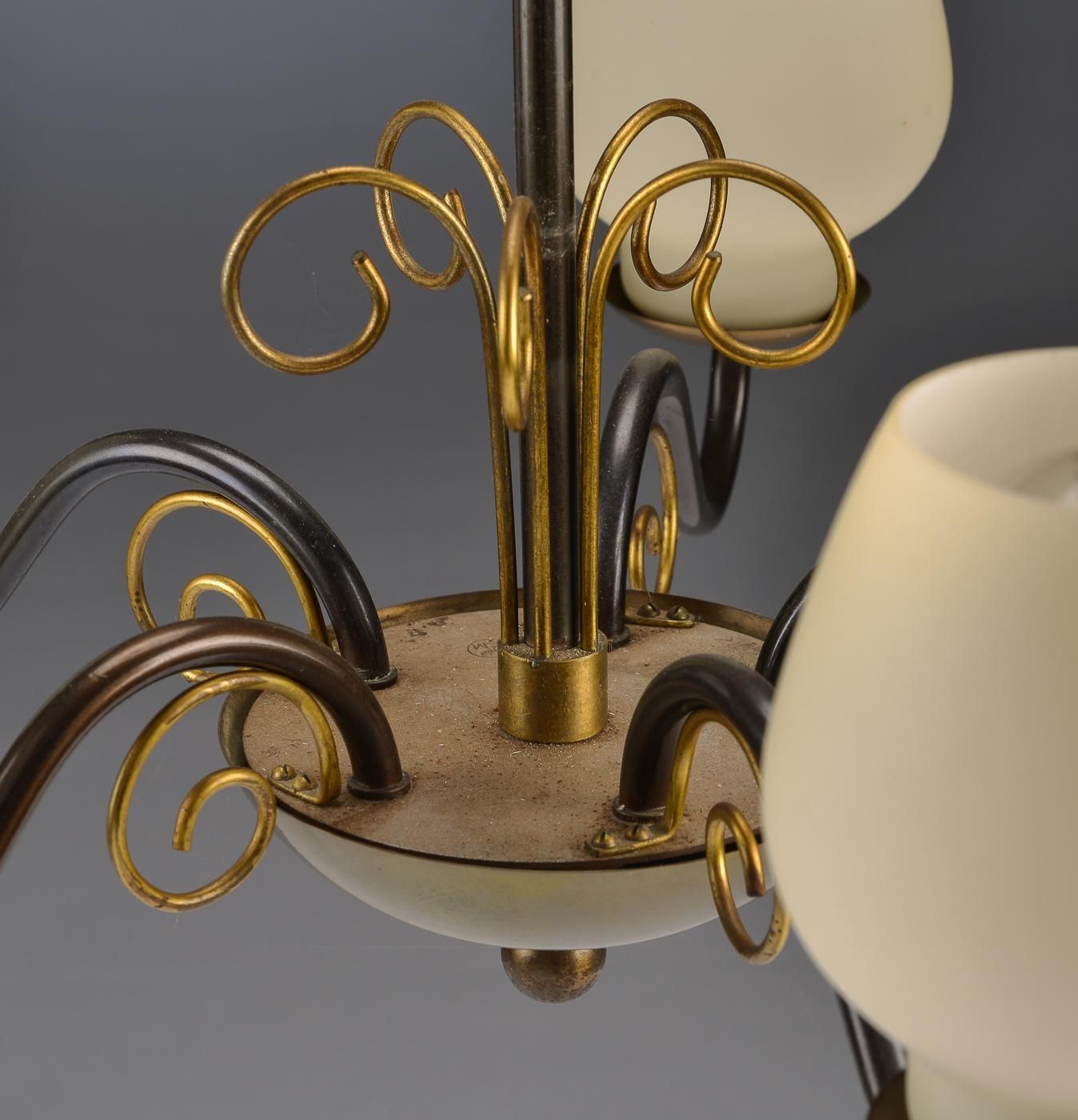 Brass Chandelier With Opaline Glass Shades By Bent Karlby For Lyfa photo for sale