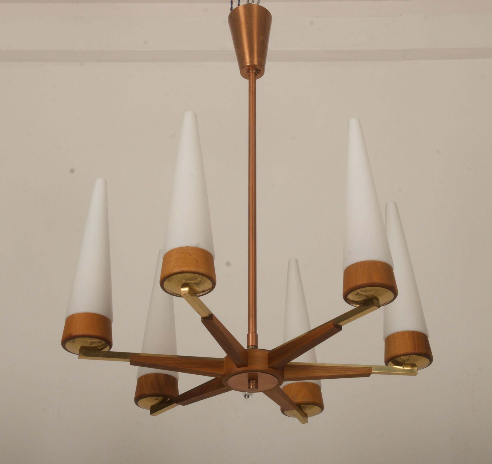 Mid Century Walnut Brass Copper Chandelier By Rupert Nikoll photo for sale