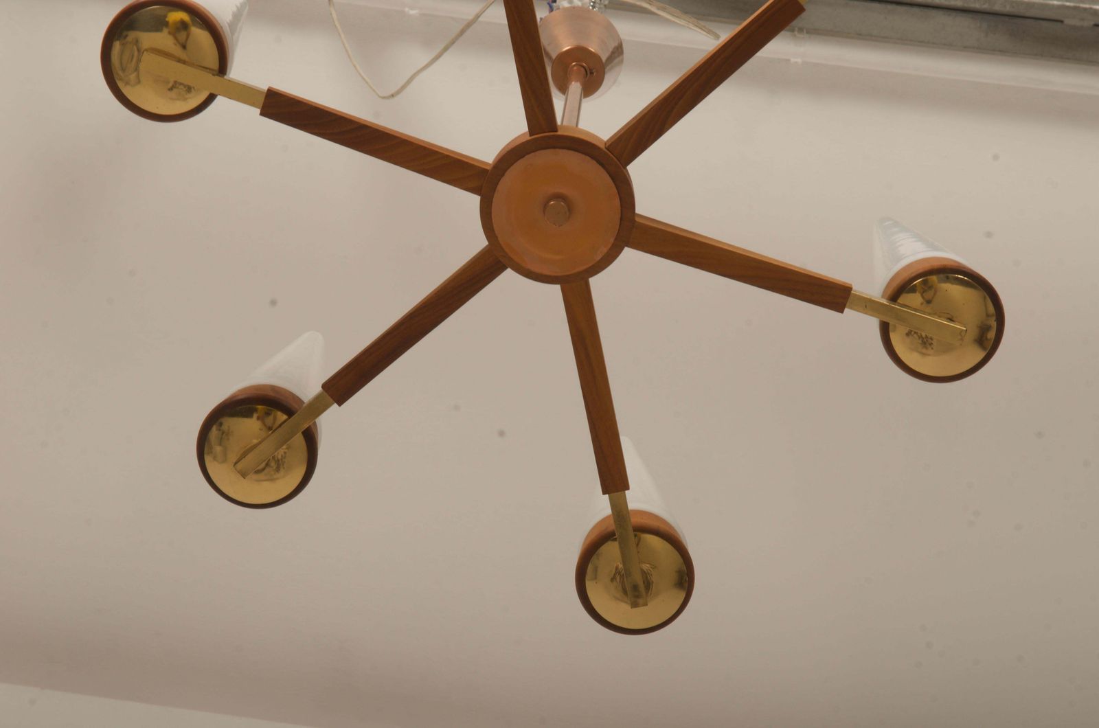 Mid Century Walnut Brass Copper Chandelier By Rupert Nikoll photo vintage