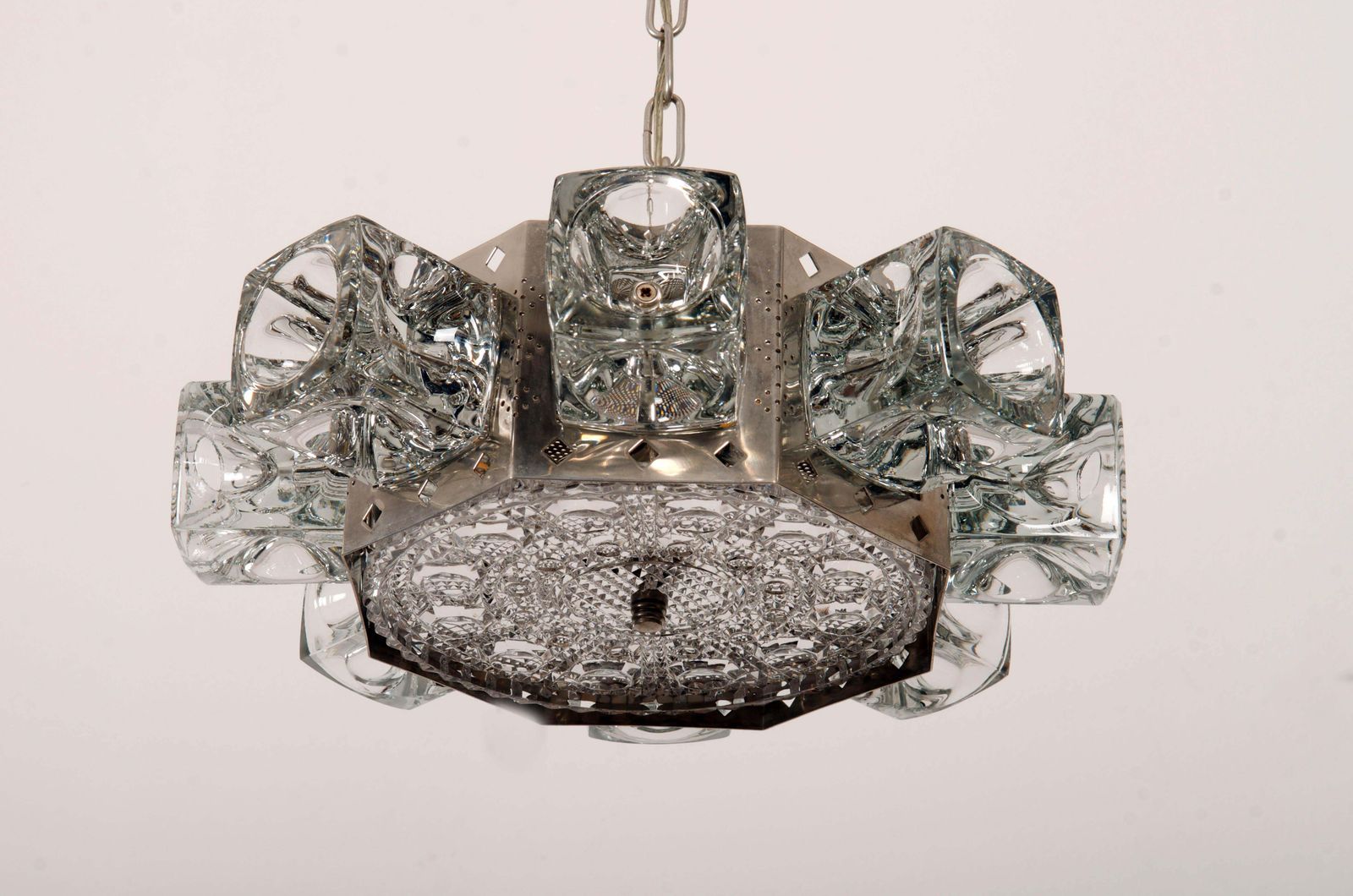 Danish Midcentury Glass, Brass Chandelier By Vitrika photo for sale
