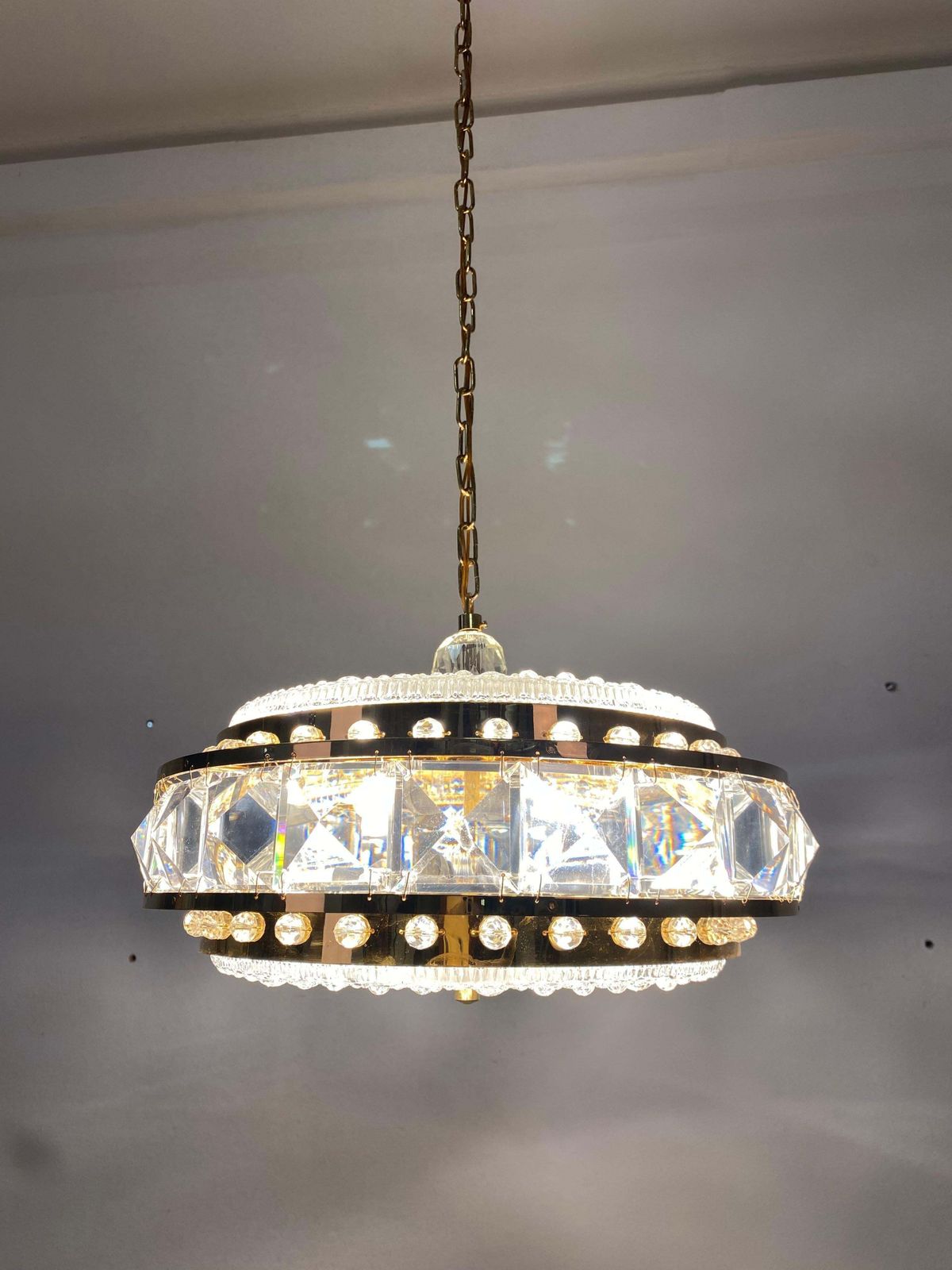 photo for sale Brass And Glass Chandelier By Orrefors From The 1960s