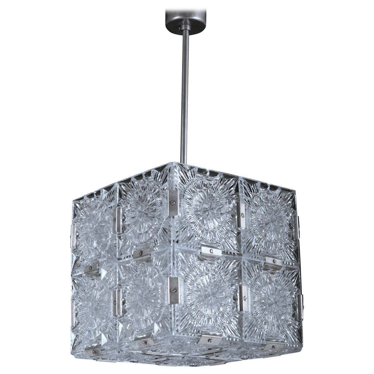 Mid Century Cube Form Pendant Ceiling Fixture Featuring Etched Glass By Kalmar