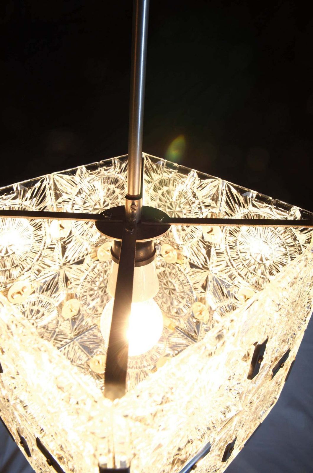 Mid Century Cube Form Pendant Ceiling Fixture Featuring Etched Glass By Kalmar photo for sale