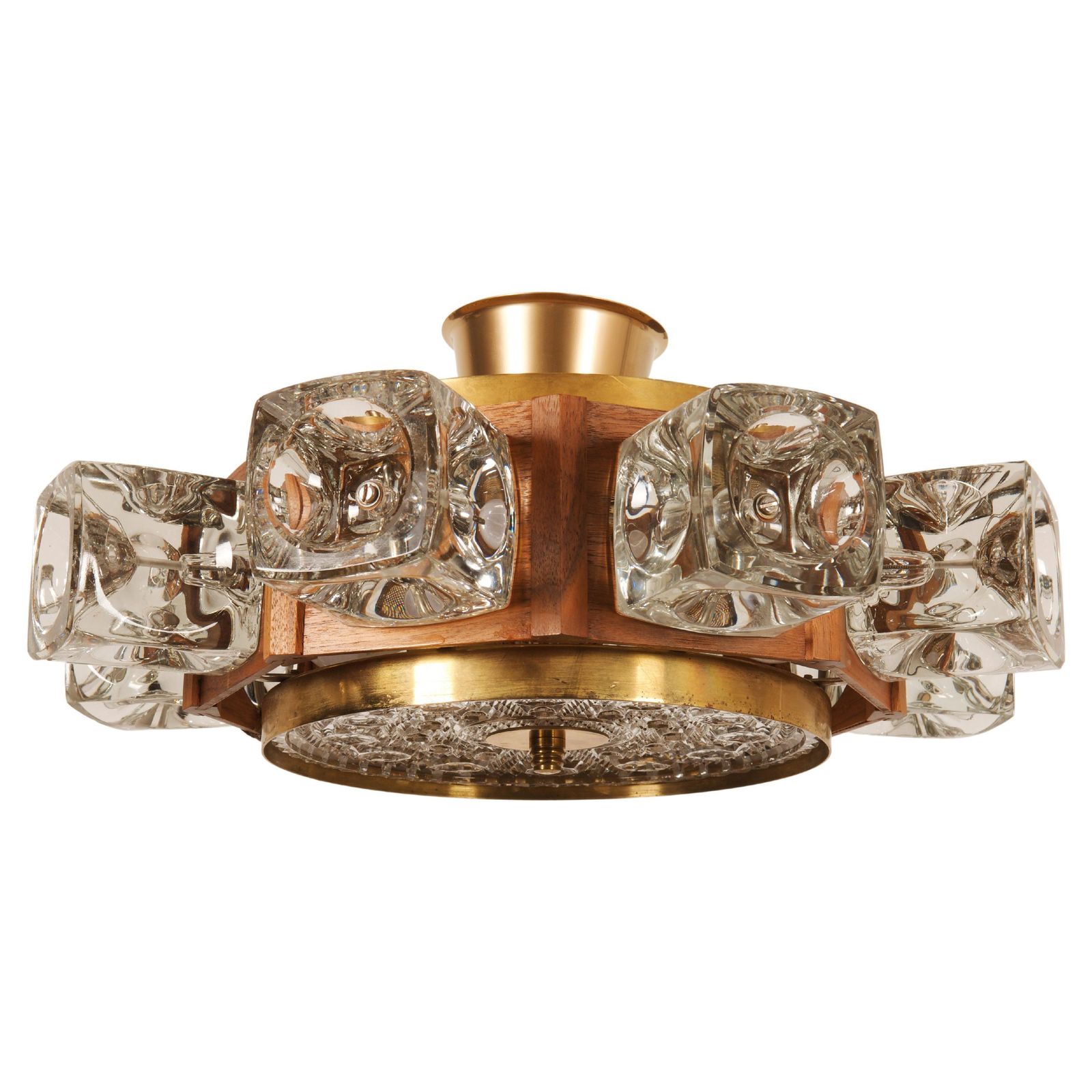 Danish Midcentury Glass, Brass Chandelier By Vitrika