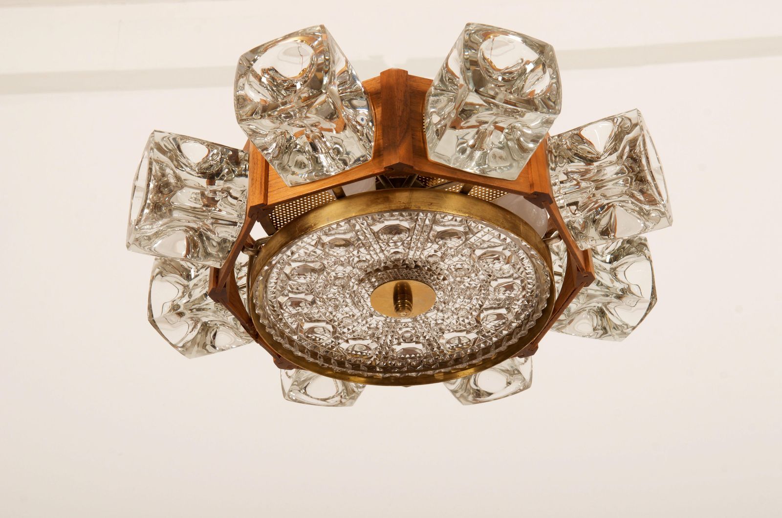 Danish Midcentury Glass, Brass Chandelier By Vitrika photo for sale