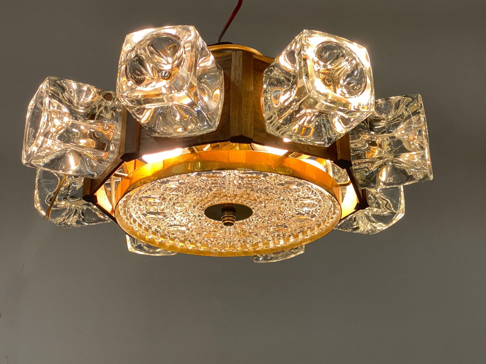 Lighting Danish Midcentury Glass, Brass Chandelier By Vitrika photo