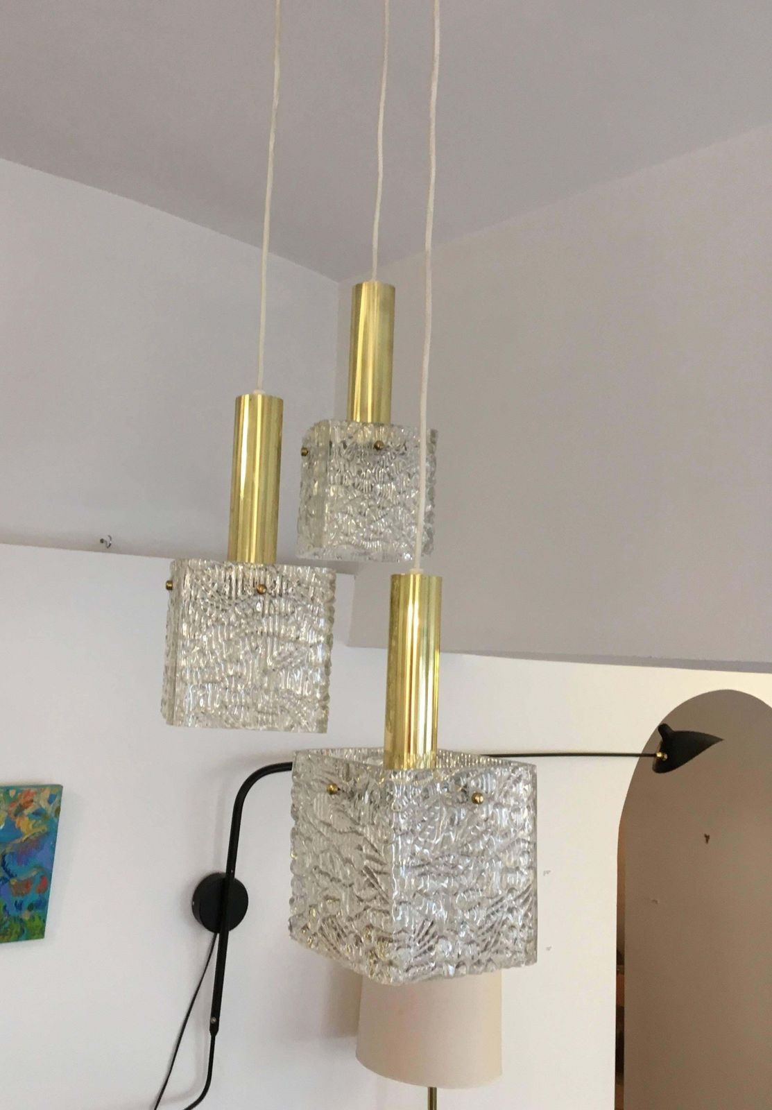 Cascading Textured Glass And Brass Chandelier By J.T. Kalmar photo for sale