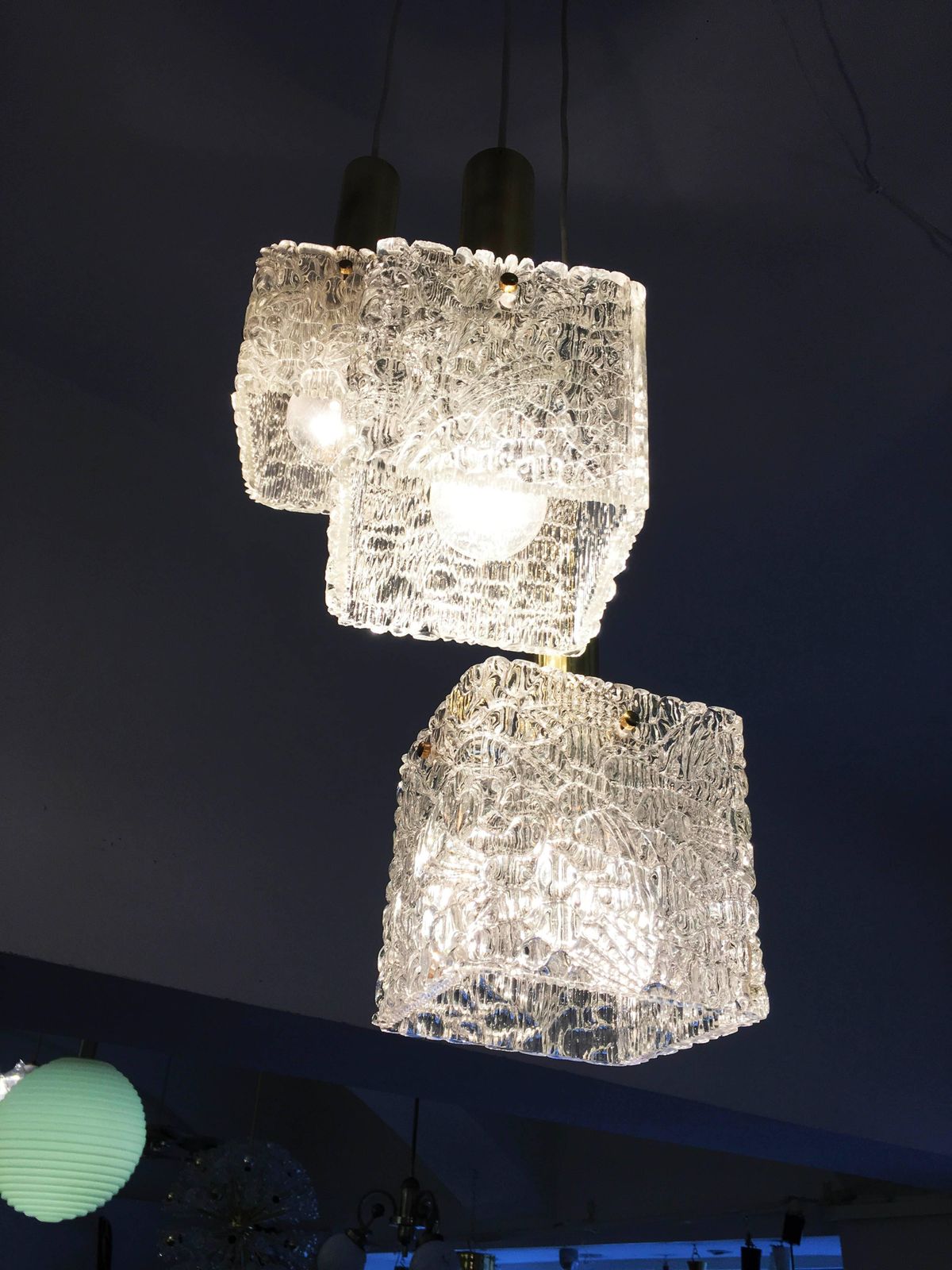 photo for sale Cascading Textured Glass And Brass Chandelier By J.T. Kalmar