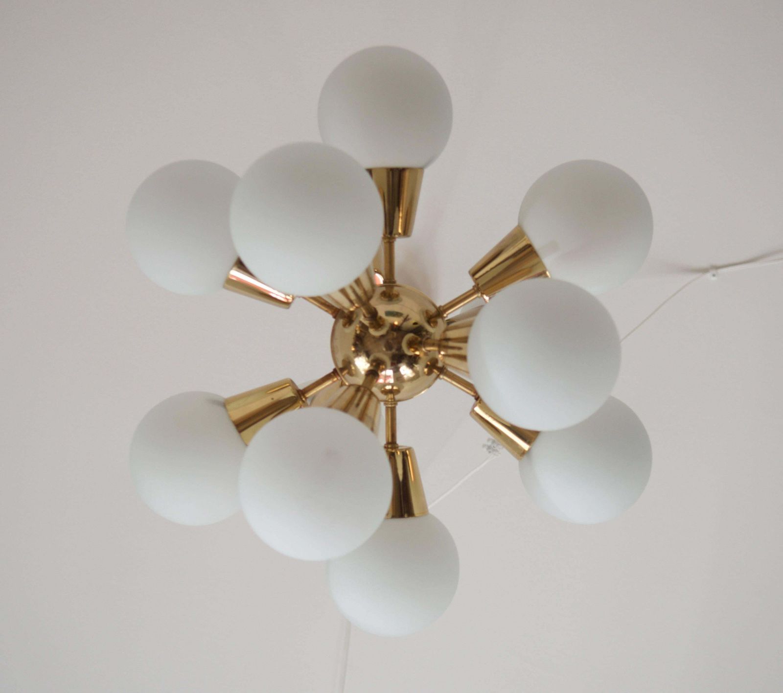 Sputnik Brass Chandelier With 12 Opaline Glass Shades photo Lighting