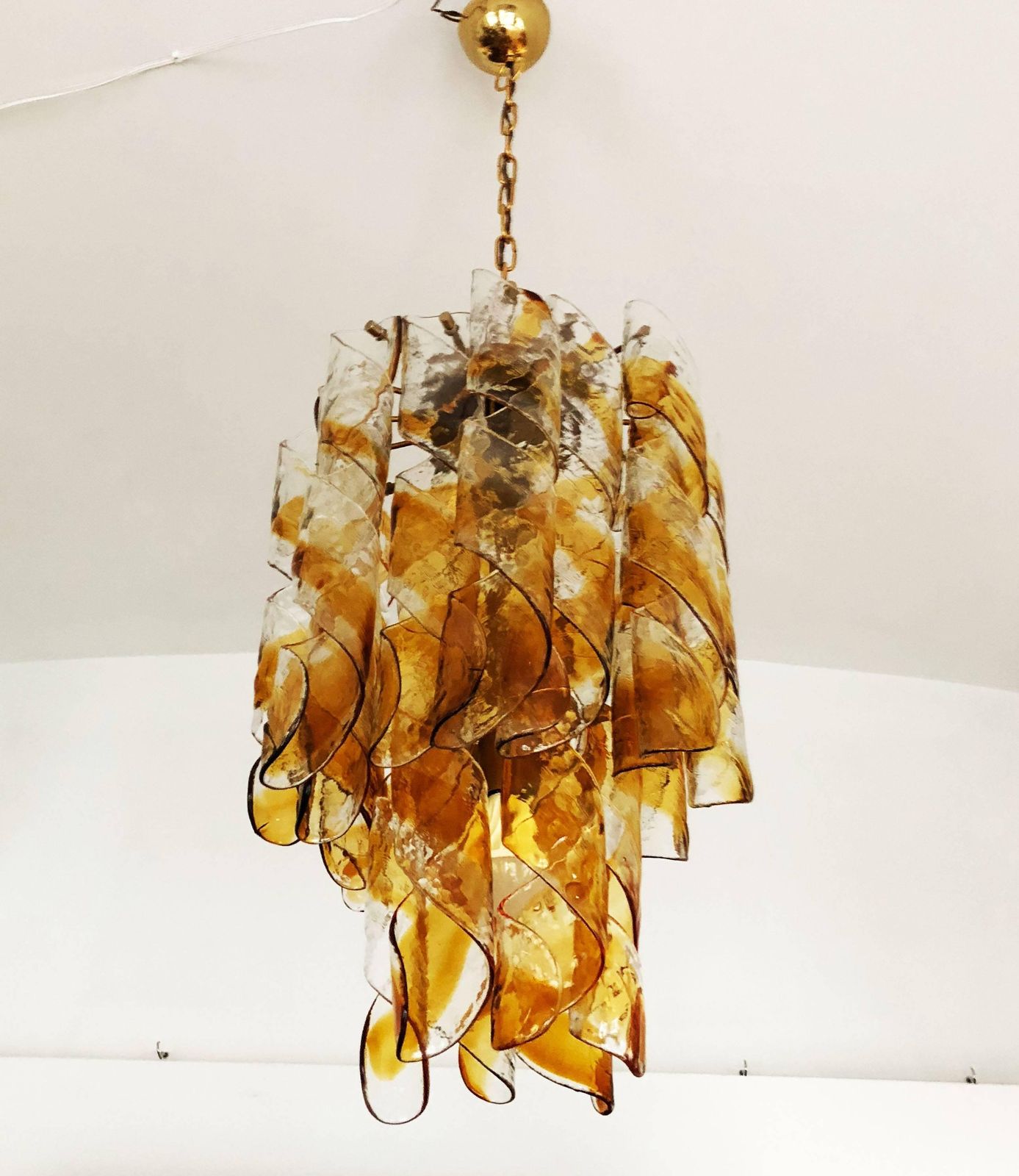 photo for sale Italian Murano Amber Twisted Glass Chandelier By Mazzega