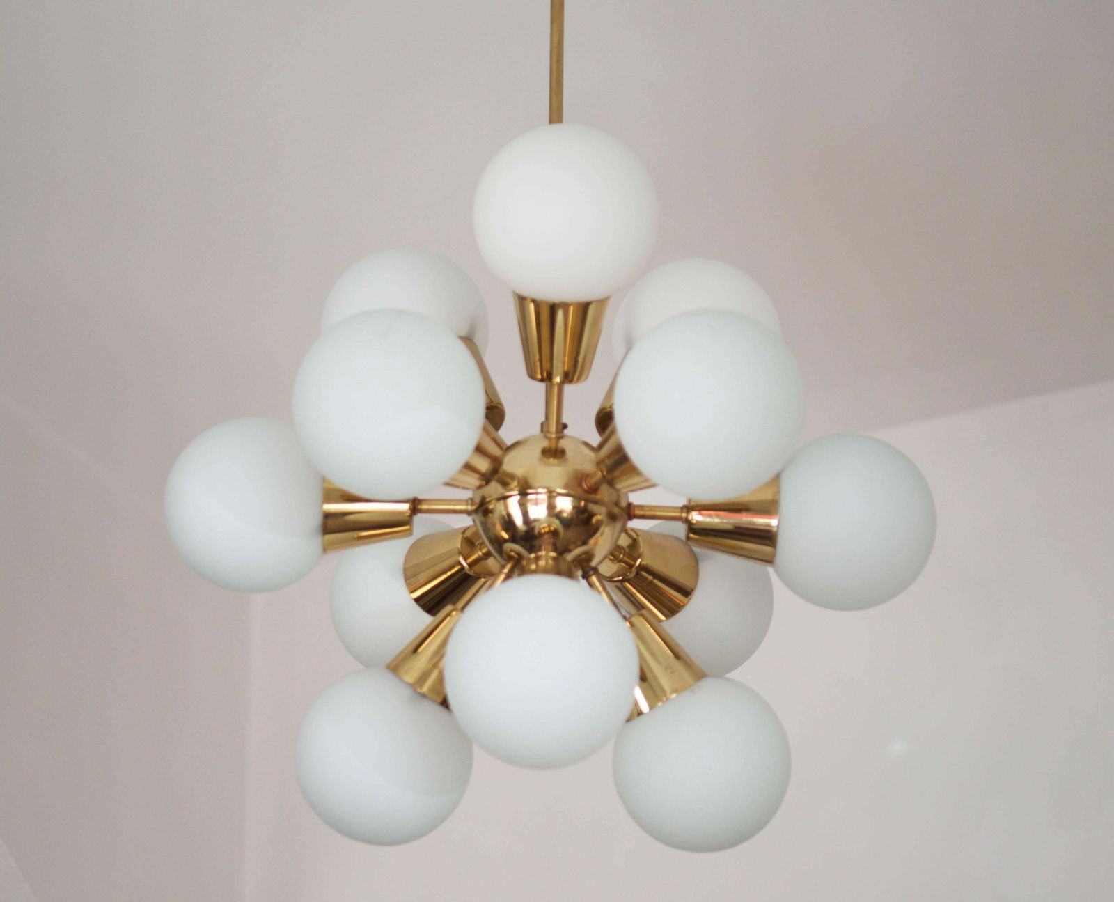 Sputnik Brass Chandelier With 12 Opaline Glass Shades photo vinterior