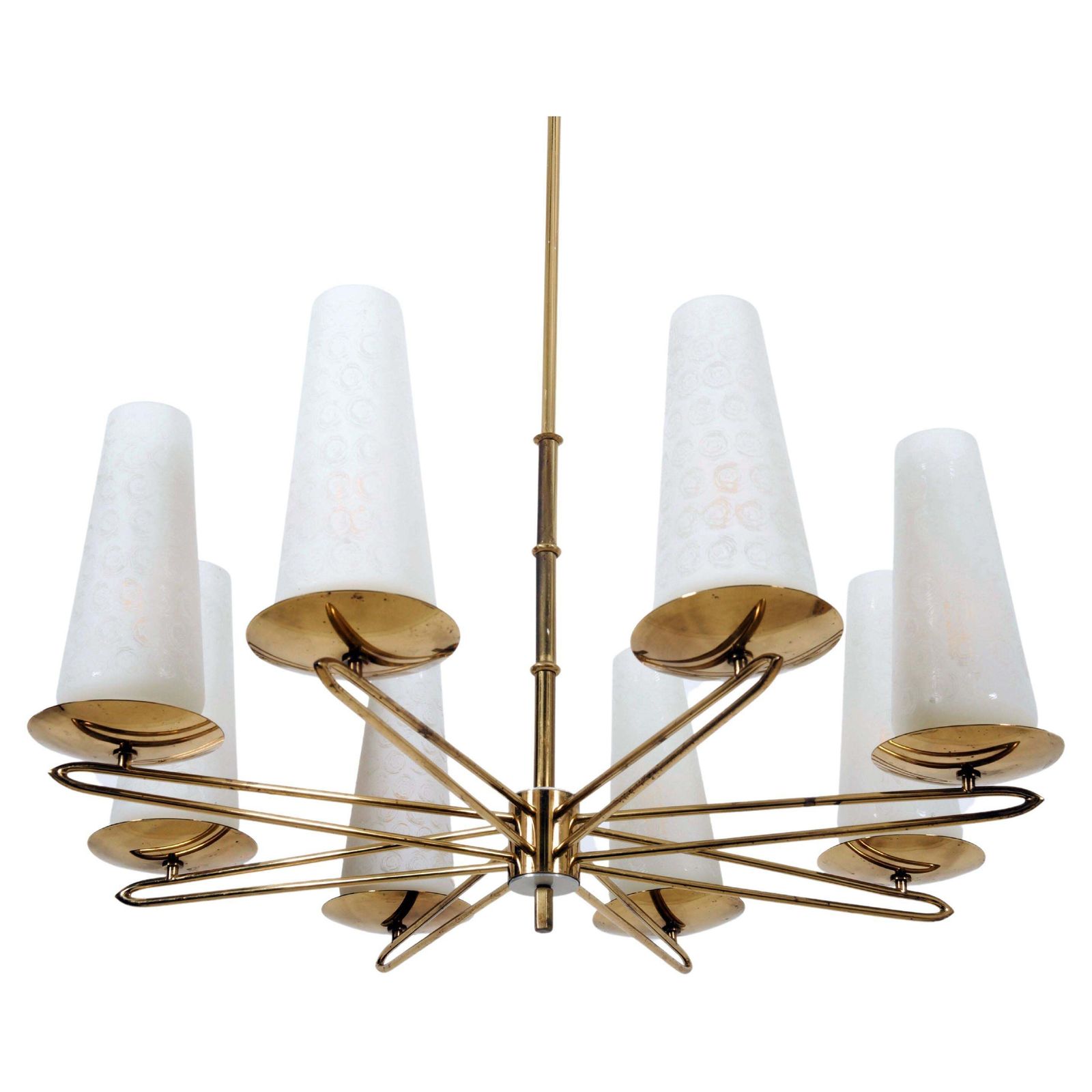 Midcentury Brass Opaline Glass Chandelier By Rupert Nikoll