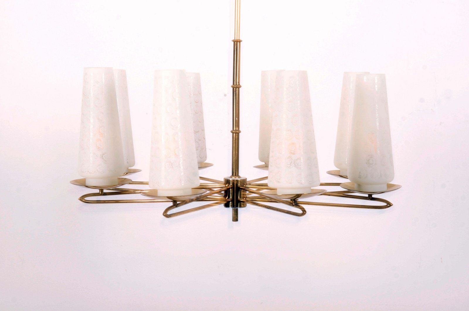 Midcentury Brass Opaline Glass Chandelier By Rupert Nikoll photo furniture