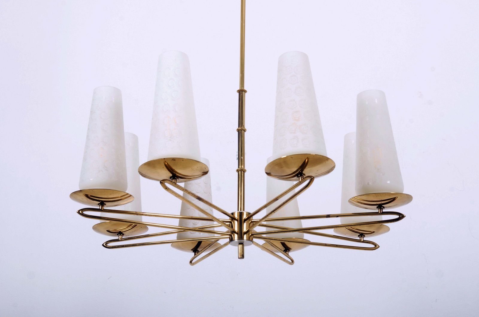 Midcentury Brass Opaline Glass Chandelier By Rupert Nikoll photo Lighting