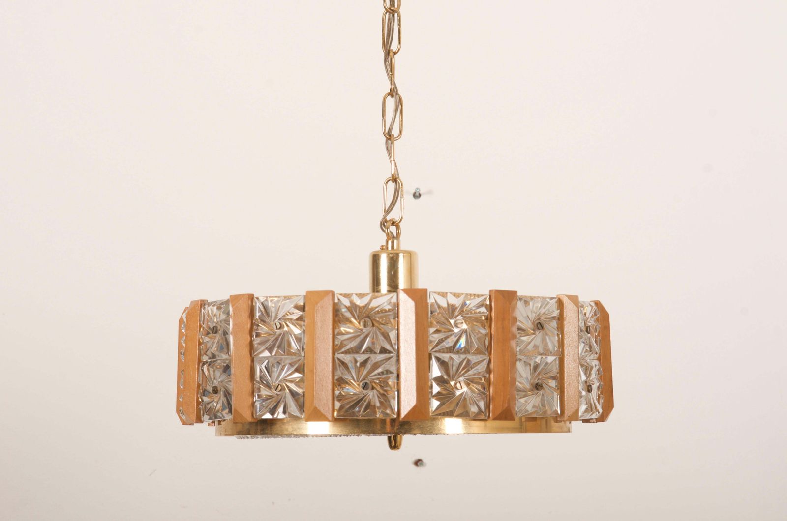 Carl Fagerlund For Orrefors Glass, Brass And Teak Chandelier photo for sale