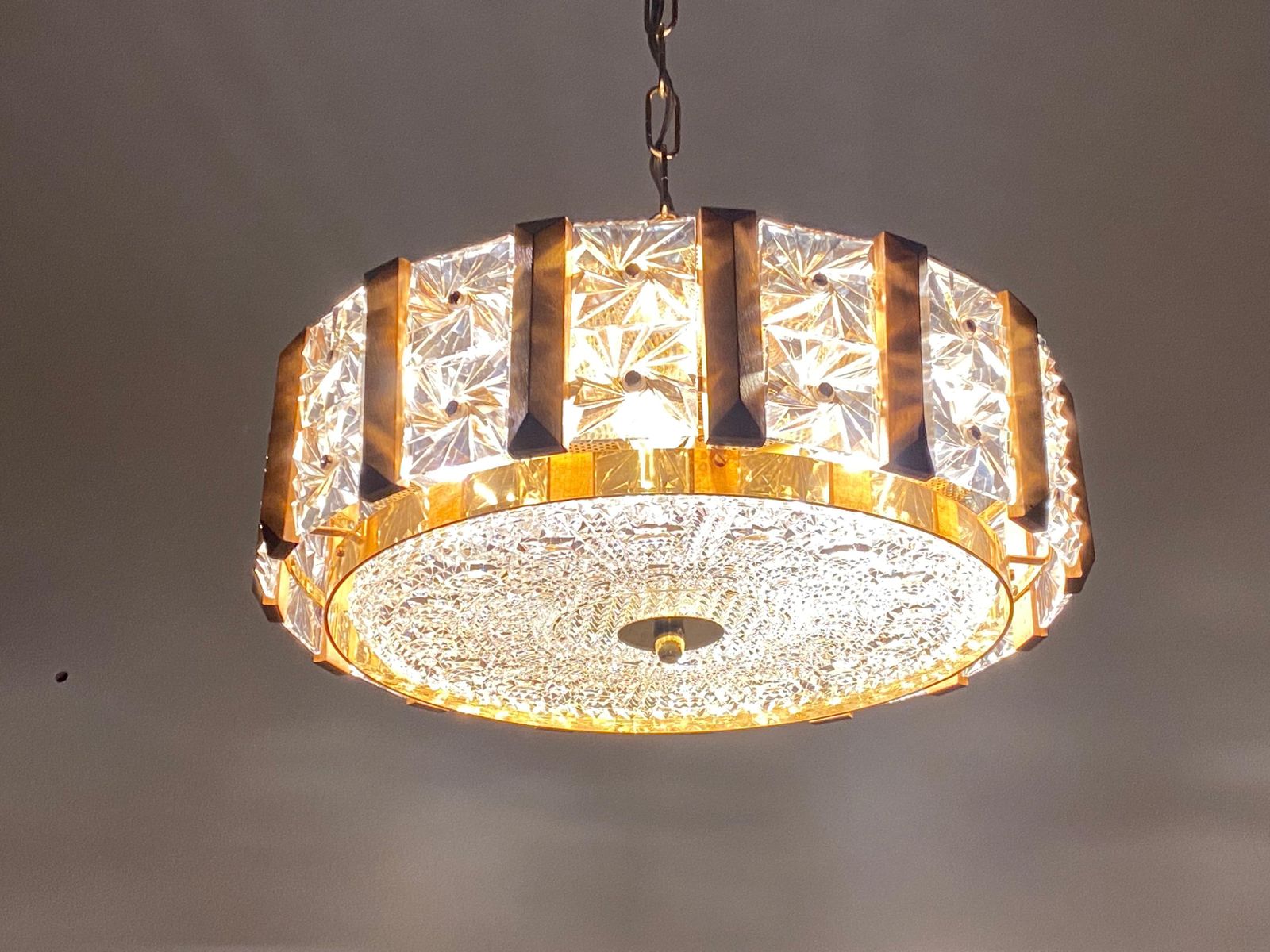 photo for sale Carl Fagerlund For Orrefors Glass, Brass And Teak Chandelier