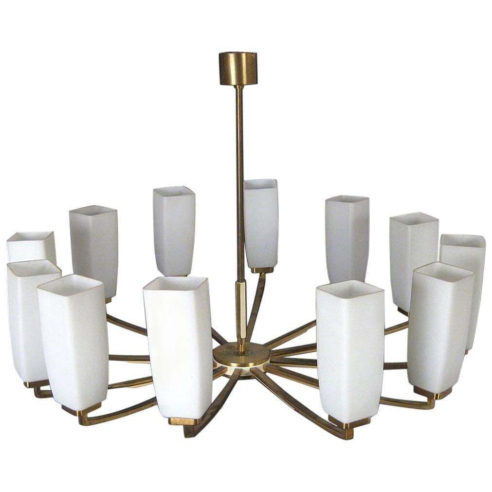 Kaiser Leuchten Twelve Arm Brass Chandelier With Opaline Glass Shades