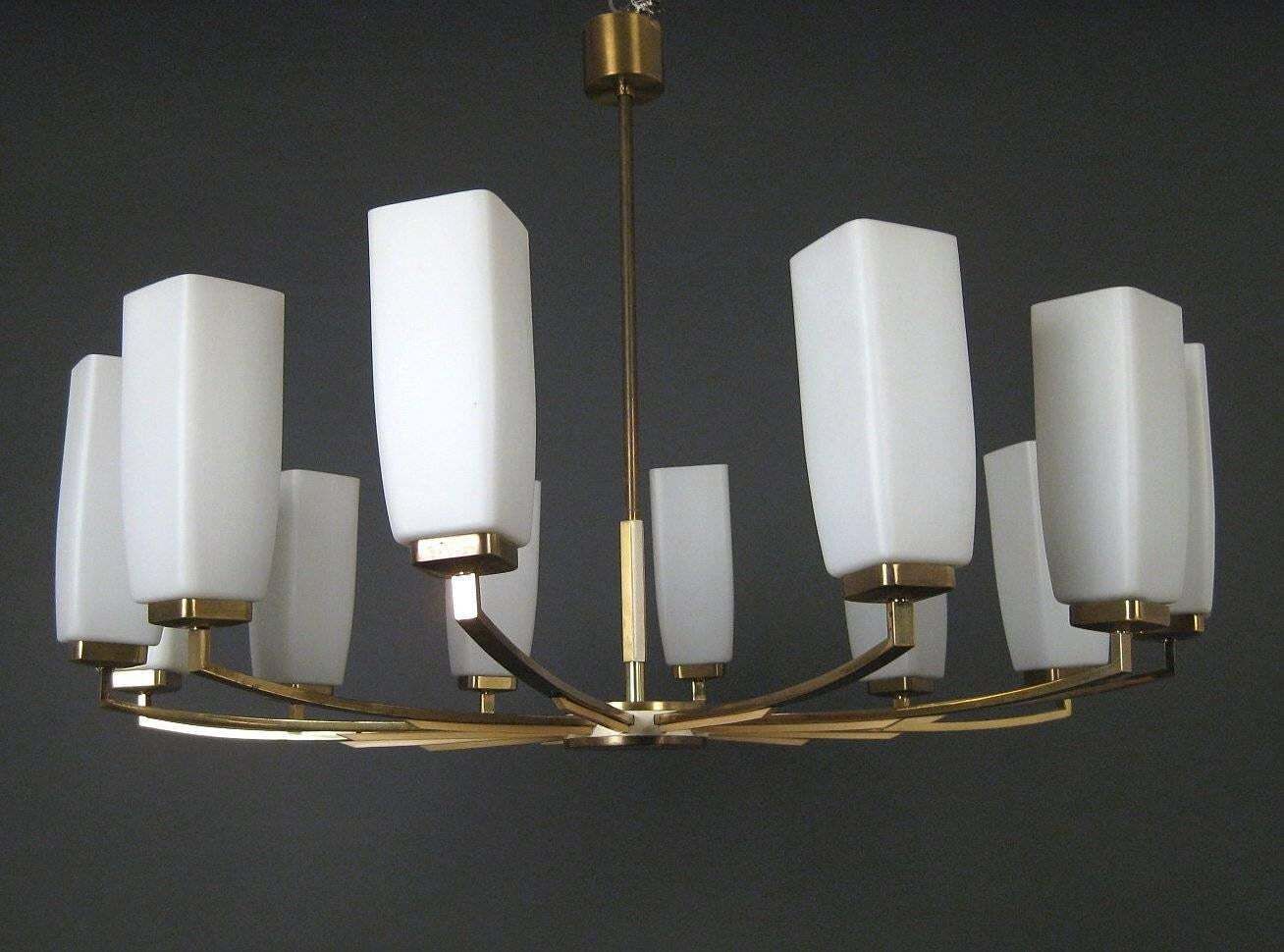 Kaiser Leuchten Twelve Arm Brass Chandelier With Opaline Glass Shades photo furniture