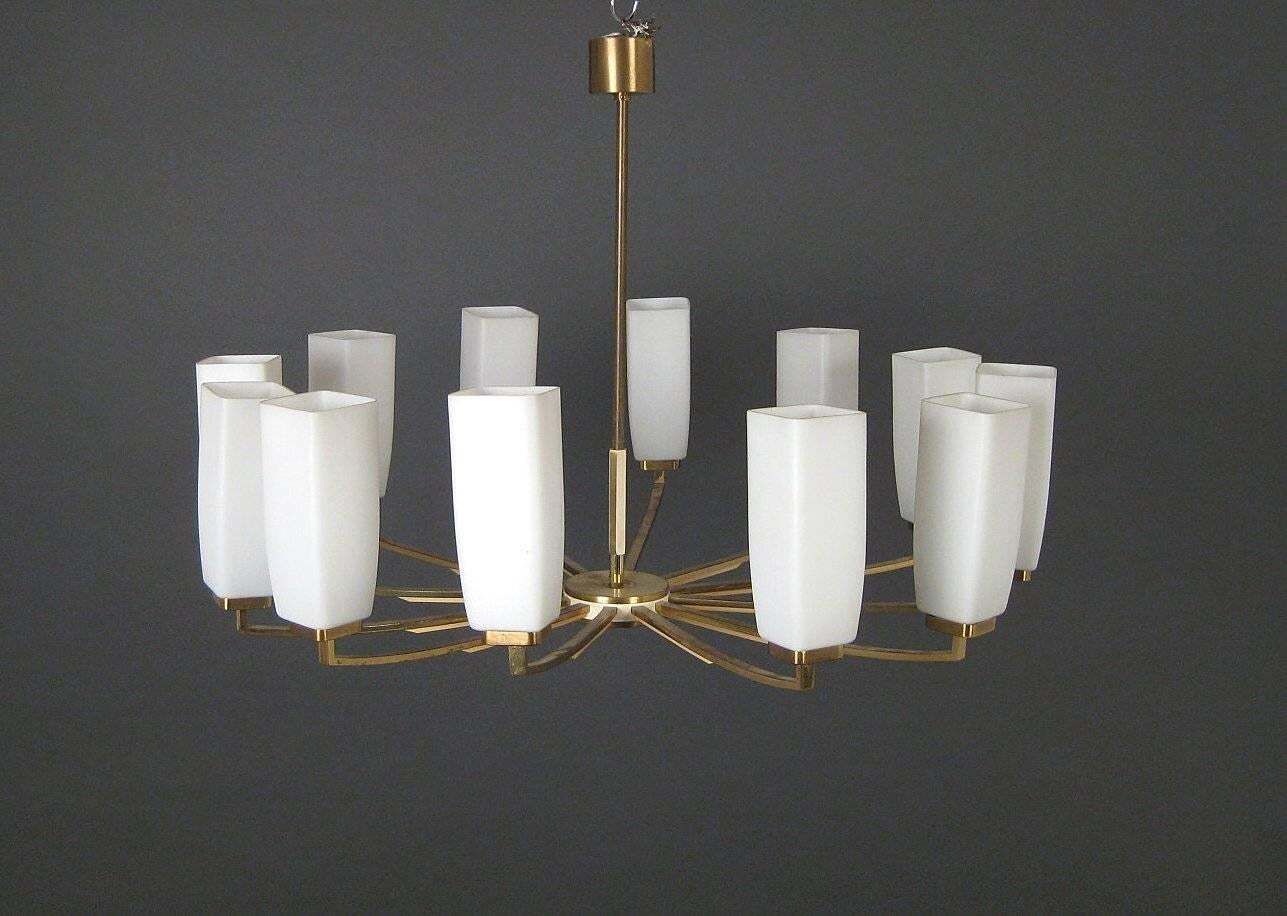 Kaiser Leuchten Twelve Arm Brass Chandelier With Opaline Glass Shades photo for sale