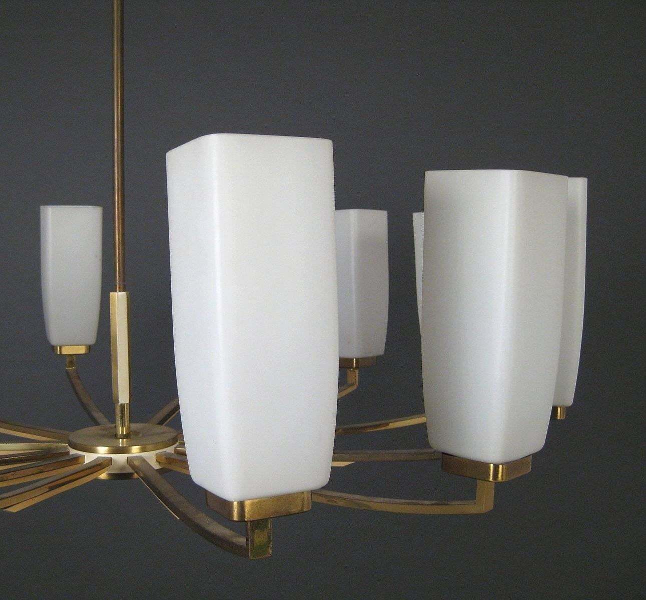 Kaiser Leuchten Twelve Arm Brass Chandelier With Opaline Glass Shades photo Lighting