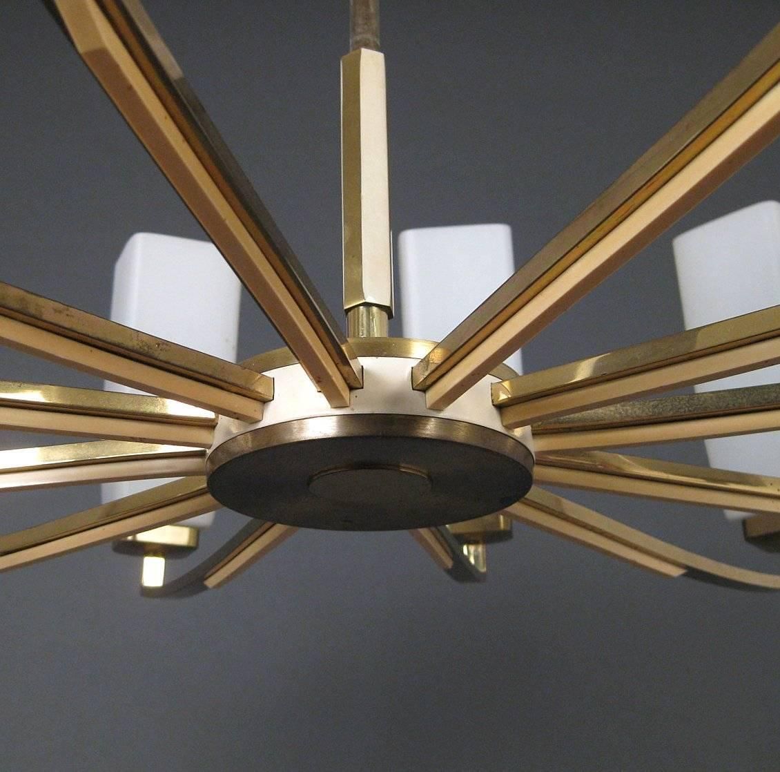 Kaiser Leuchten Twelve Arm Brass Chandelier With Opaline Glass Shades photo vinterior