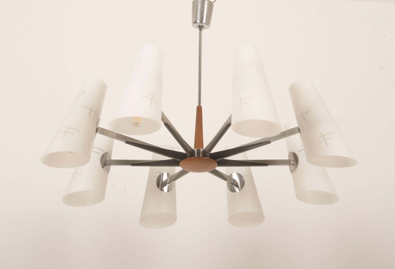 Midcentury Chromed Opaline Glass Chandelier By Rupert Nikoll photo vinterior
