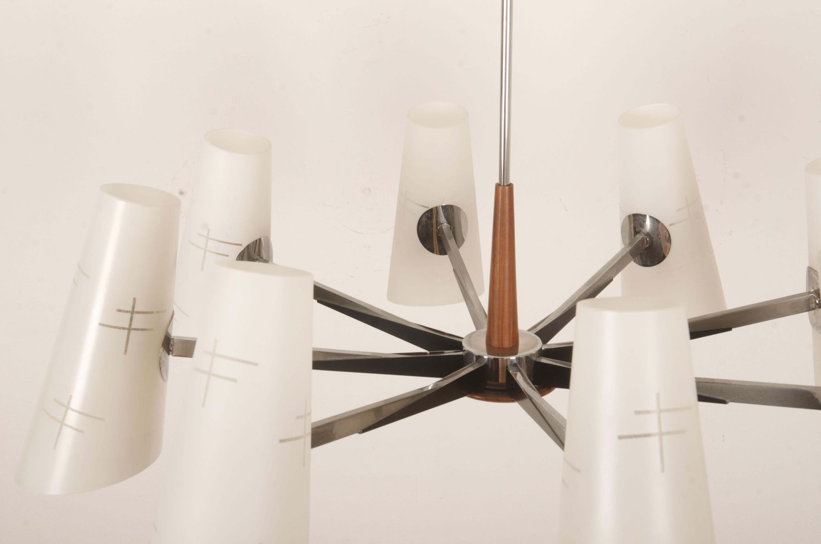 photo furniture Midcentury Chromed Opaline Glass Chandelier By Rupert Nikoll