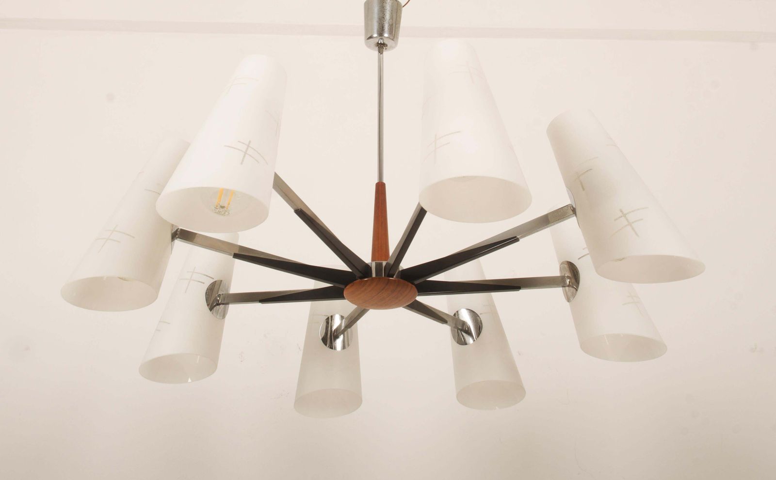 3013.0 Midcentury Chromed Opaline Glass Chandelier By Rupert Nikoll photo