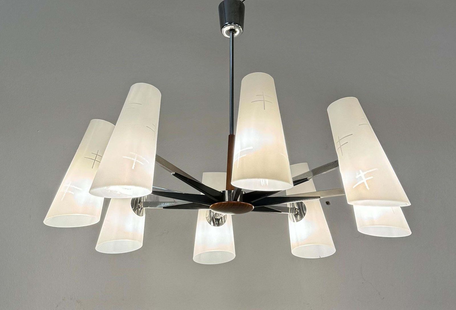 photo vinterior Midcentury Chromed Opaline Glass Chandelier By Rupert Nikoll