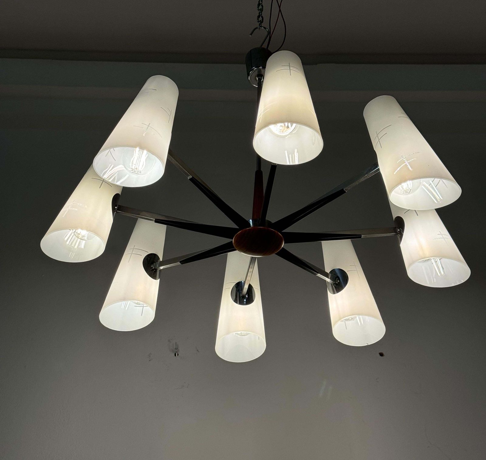 photo vintage Midcentury Chromed Opaline Glass Chandelier By Rupert Nikoll