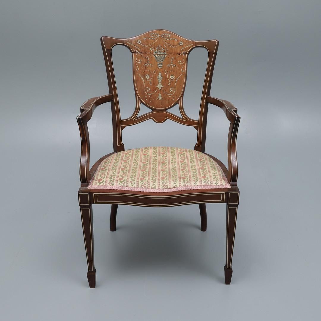 Edwardian Mahogany Boxwood Bone Inlaid And Strund Open Salon Armchair photo for sale