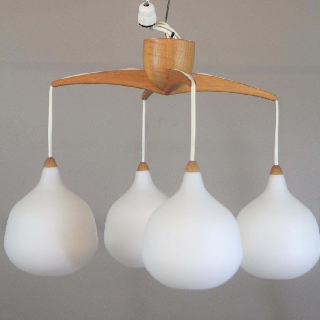 Uno & östen Kristiansson For Luxus Sweden Teak Chandelier Opaline Glass Shades photo for sale
