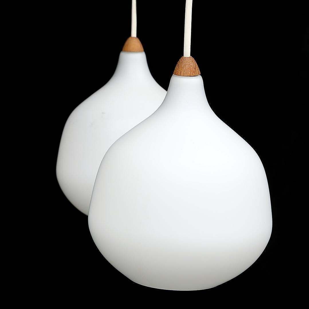 Uno & östen Kristiansson For Luxus Sweden Teak Chandelier Opaline Glass Shades photo 1770.0