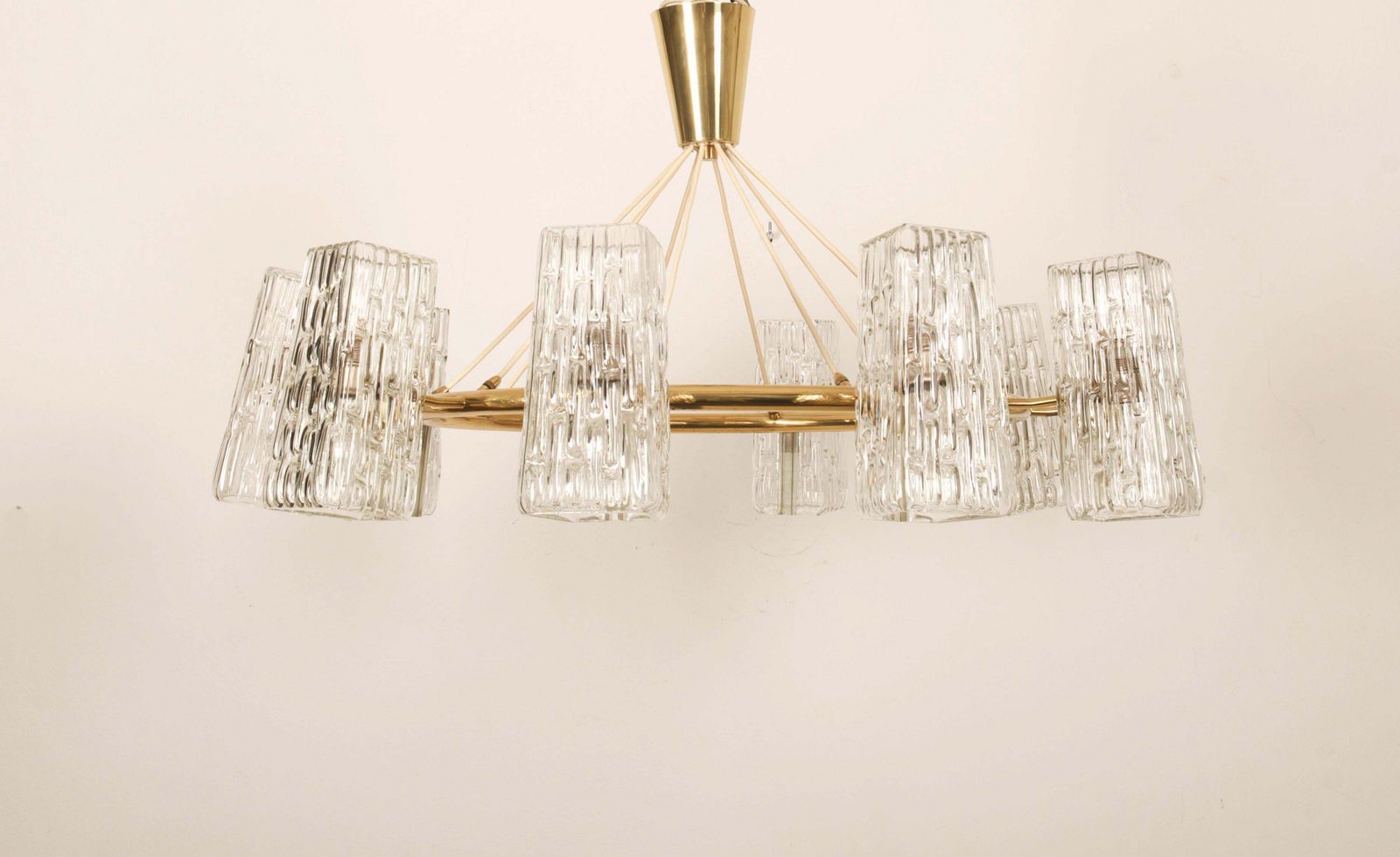 Huge Midcentury Brass Chandelier With Pressed Glass Shades By Rupert Nikoll photo 5406.0
