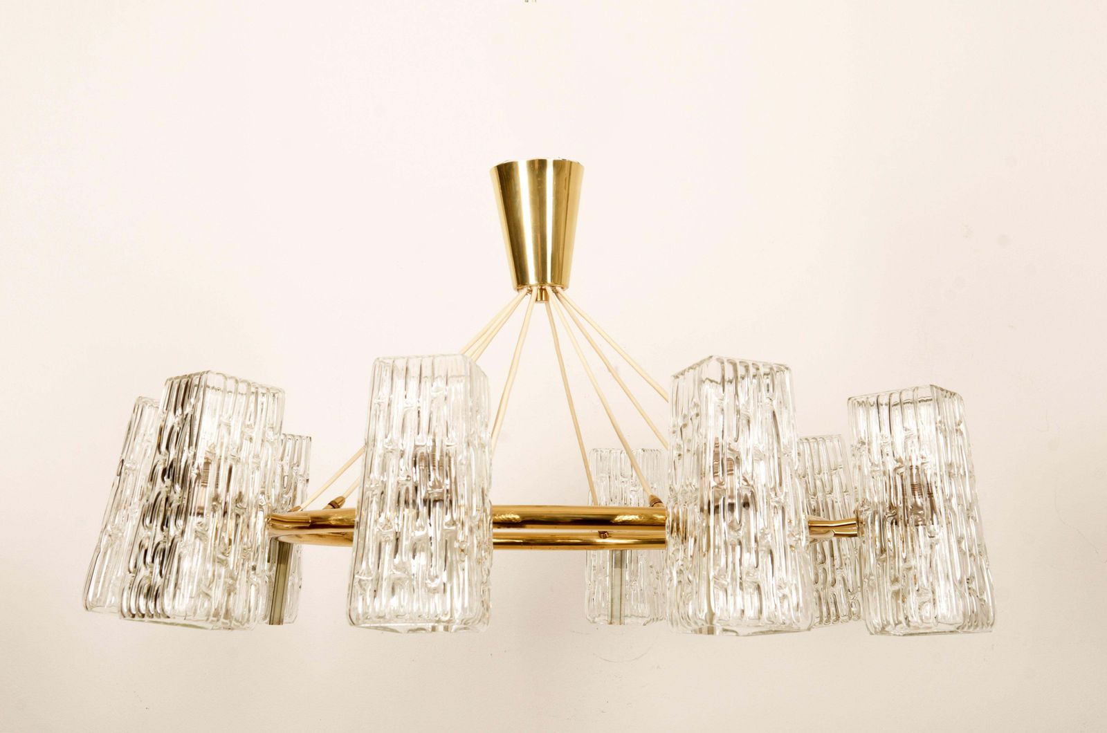 Huge Midcentury Brass Chandelier With Pressed Glass Shades By Rupert Nikoll photo buy
