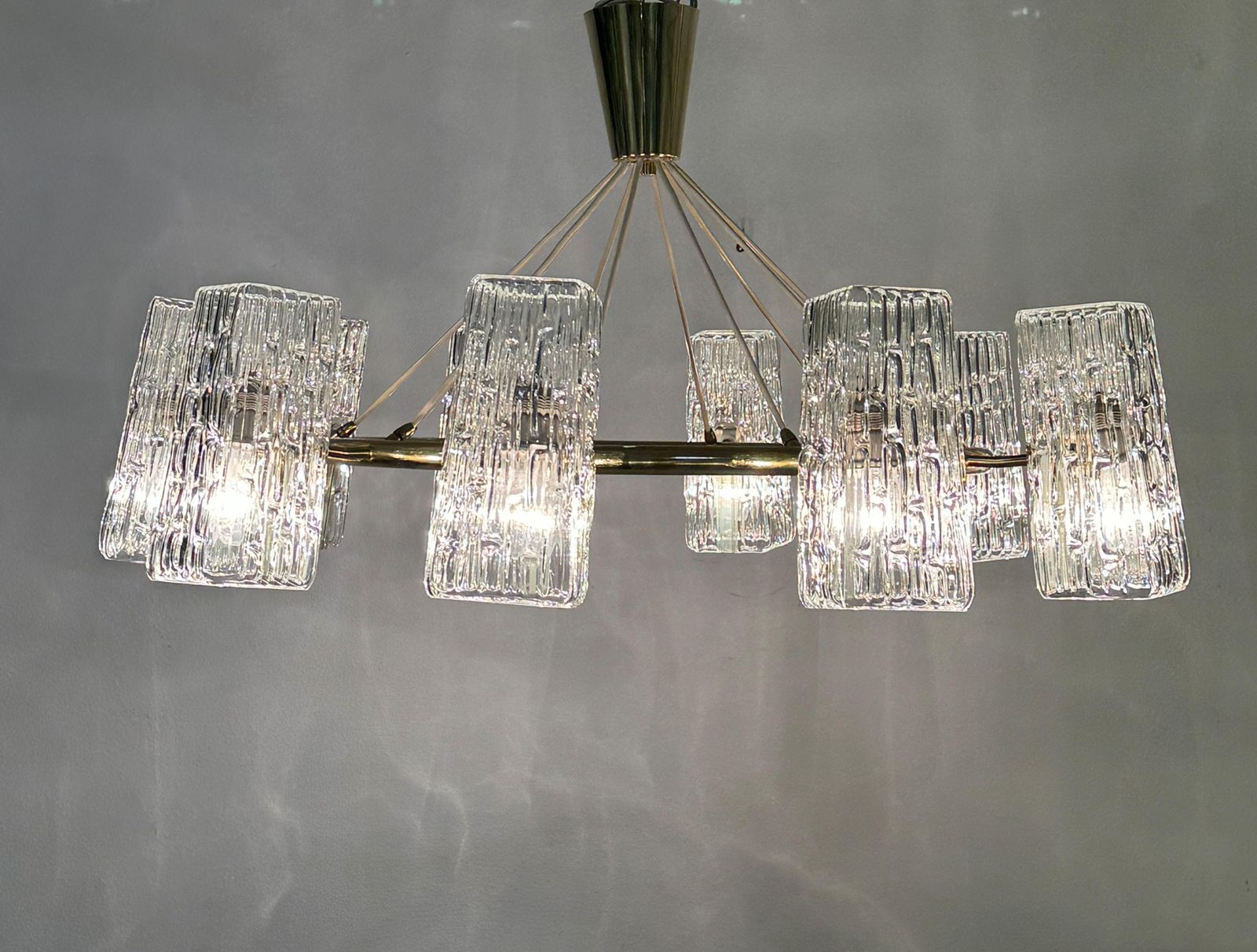 Huge Midcentury Brass Chandelier With Pressed Glass Shades By Rupert Nikoll photo vintage