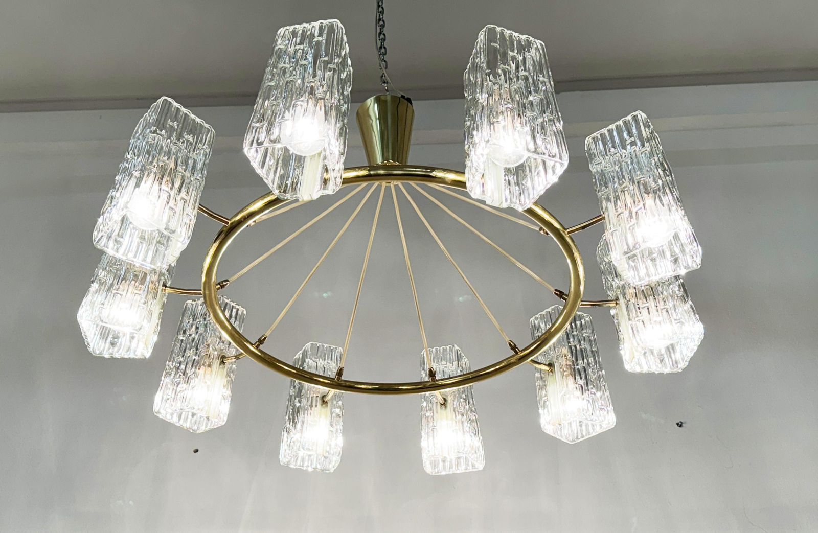 Lighting Huge Midcentury Brass Chandelier With Pressed Glass Shades By Rupert Nikoll photo