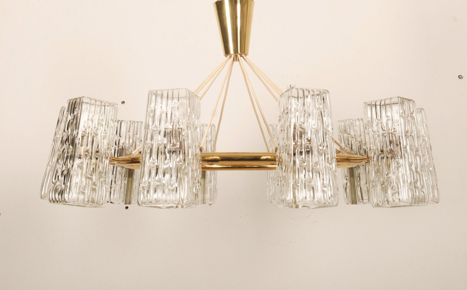 5406.0 Huge Midcentury Brass Chandelier With Pressed Glass Shades By Rupert Nikoll photo