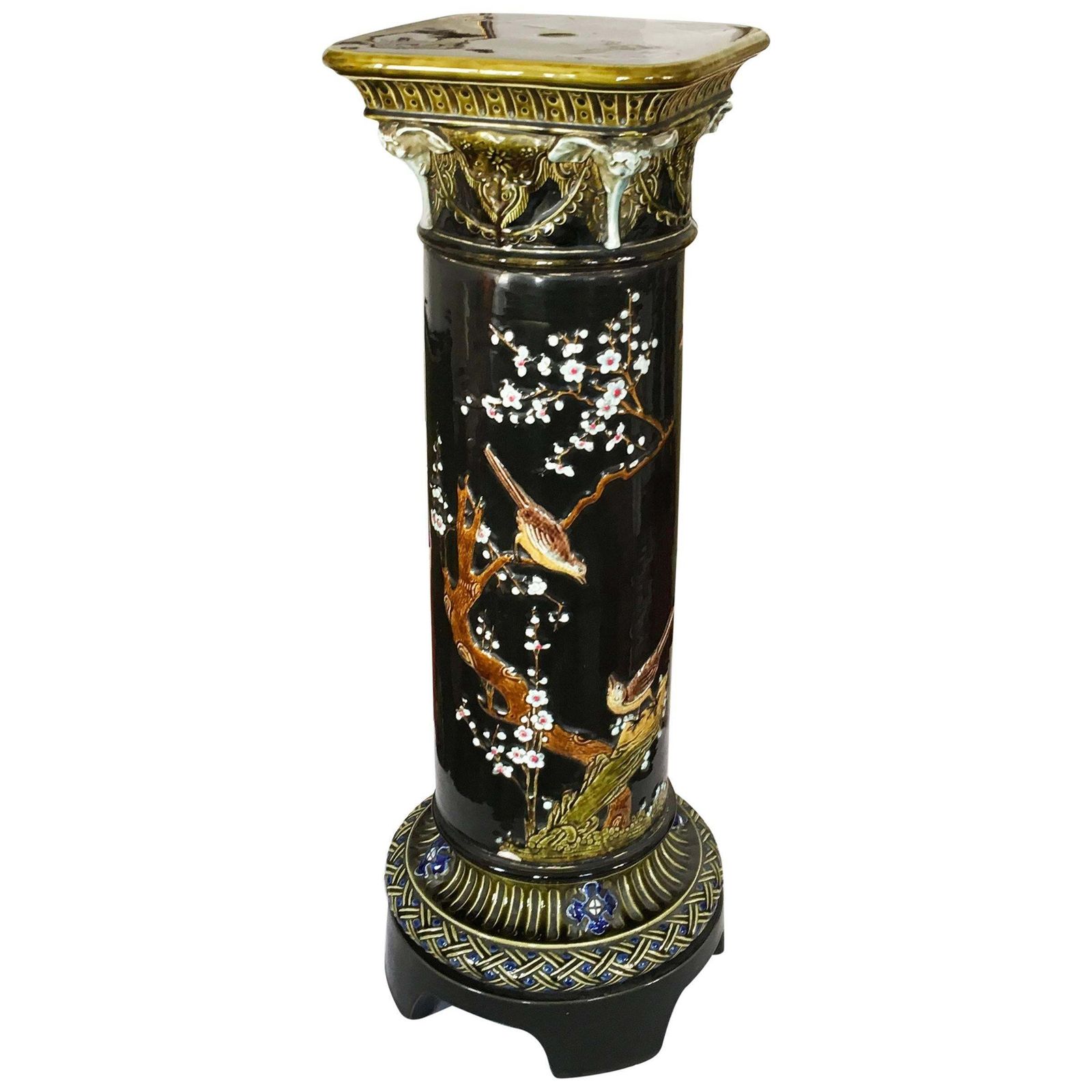 Huge Ceramic Column Flower Stand With Asian Motifs