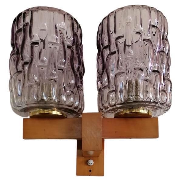 Wall Lamp Teak And Violet Glass By Rupert Nikoll
