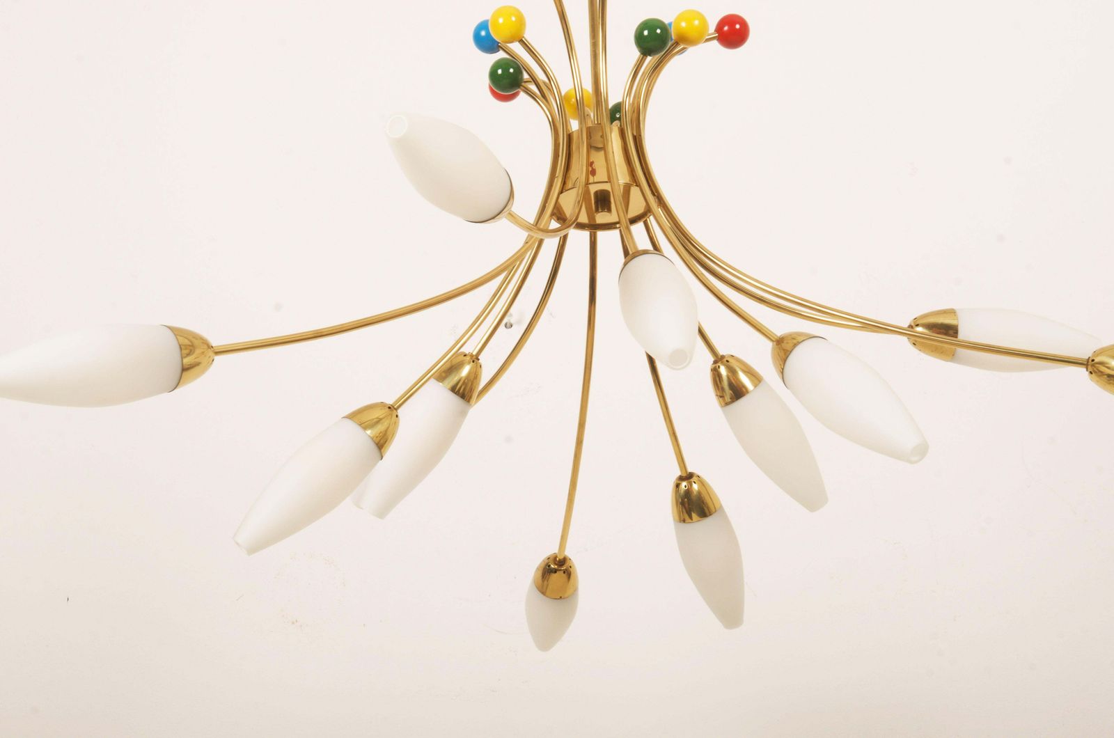 photo buy Midcentury Brass Opaline Glass Chandelier By Rupert Nikoll