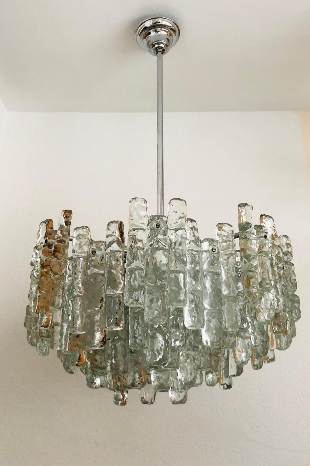 Austrian Large Midcentury Ice Glass Murano Chandelier By Kalmar, 1970s photo vintage