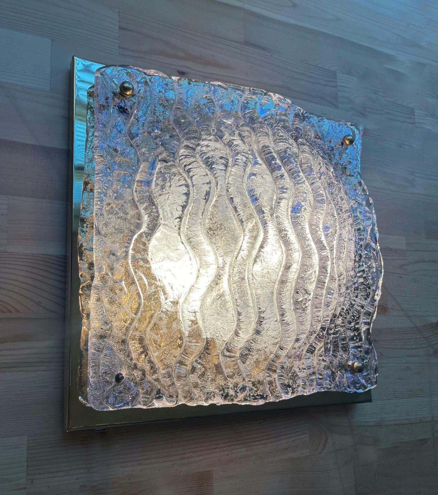 Italian Large Mid Century Clear Murano And Brass Wall Sconce By Mazzega, 1970s photo for sale