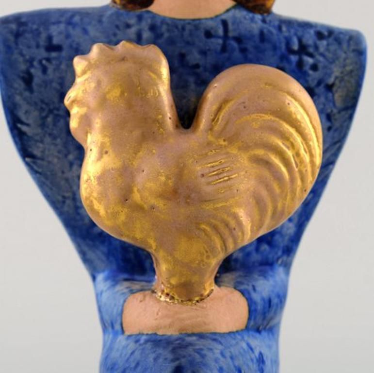 Very Rare Lisa Larson Unique Figure Of Sitting Woman In Blue With Golden Rooster photo for sale